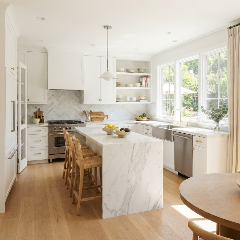 A bright, sparkling clean modern kitchen with marble countertops
