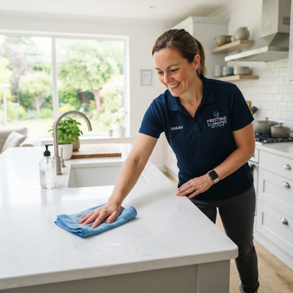 A professional cleaner wiping a kitchen counter